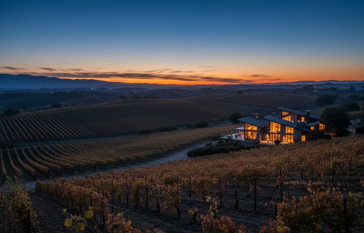 Rolling hills of a vineyard in Napa Valley at sunset, with a warmly lit estate in the distance.