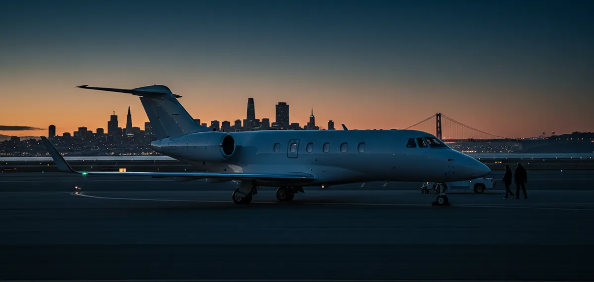 A private jet on an airfield at dusk with the San Francisco skyline in the background.