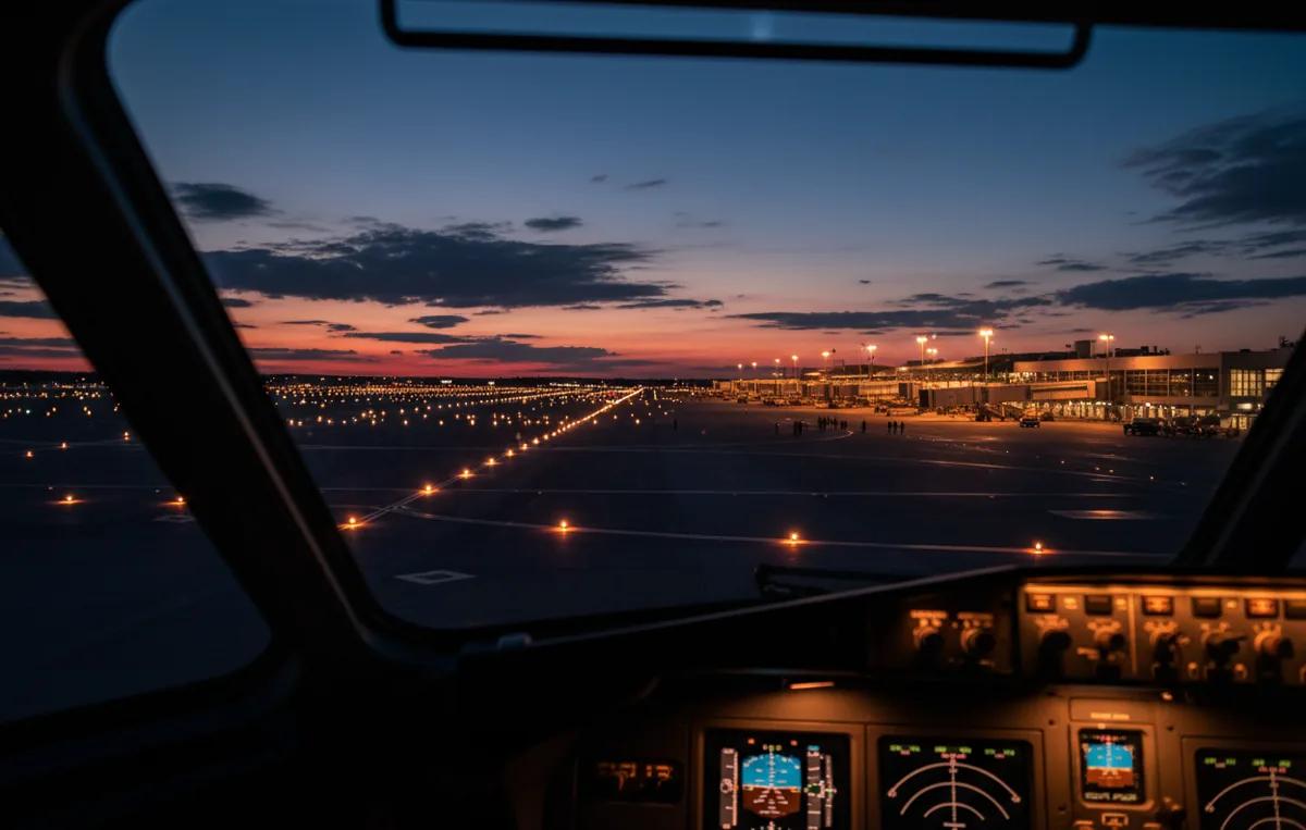 View from an airplane cockpit of an illuminated runway at dusk.