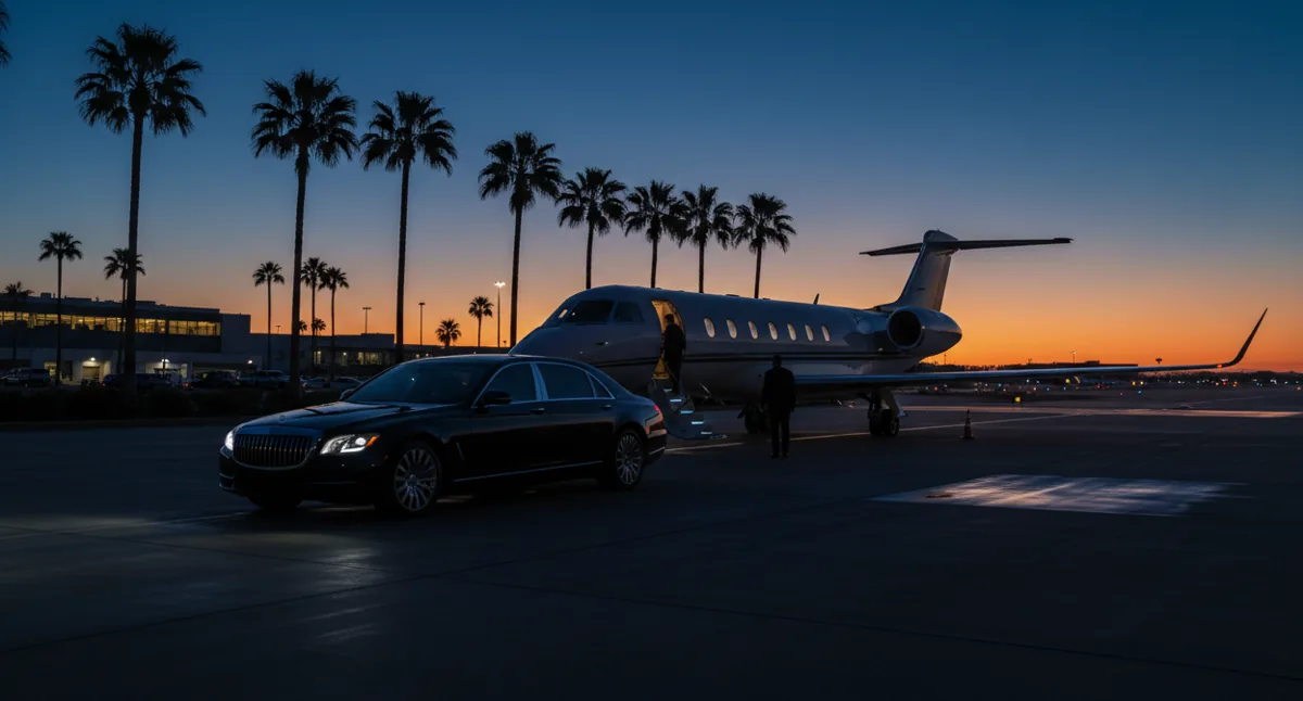 A car waiting for a passenger disembarking a private jet on a tarmac at twilight.