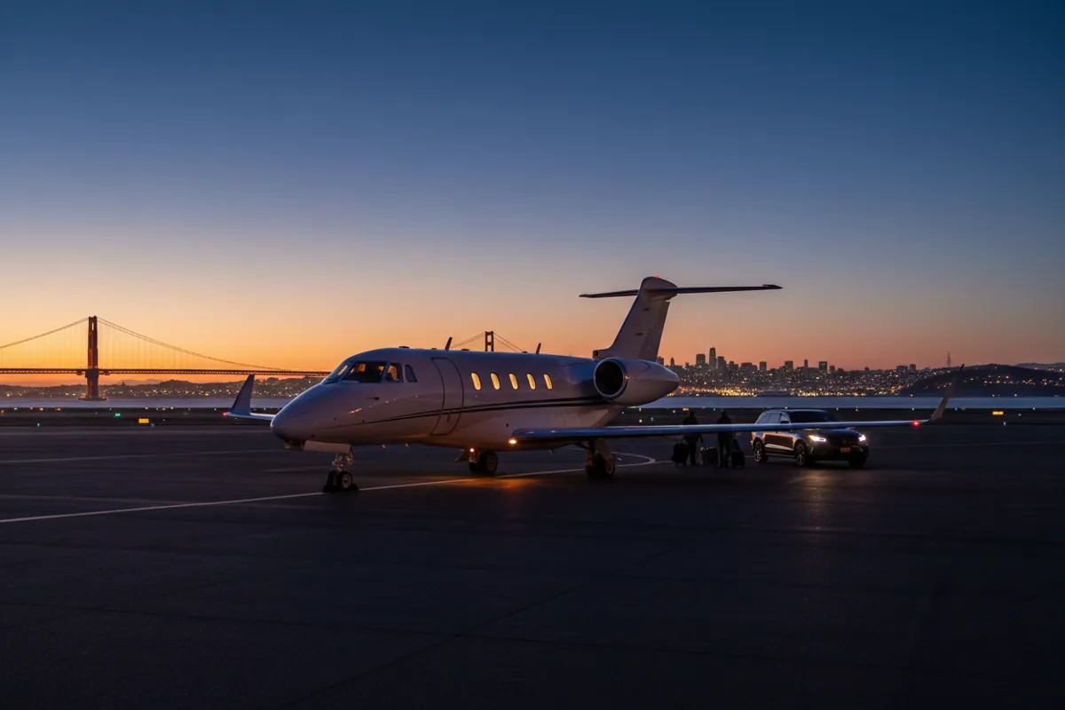 A private jet on an airport tarmac at dusk with the San Francisco skyline in the background.