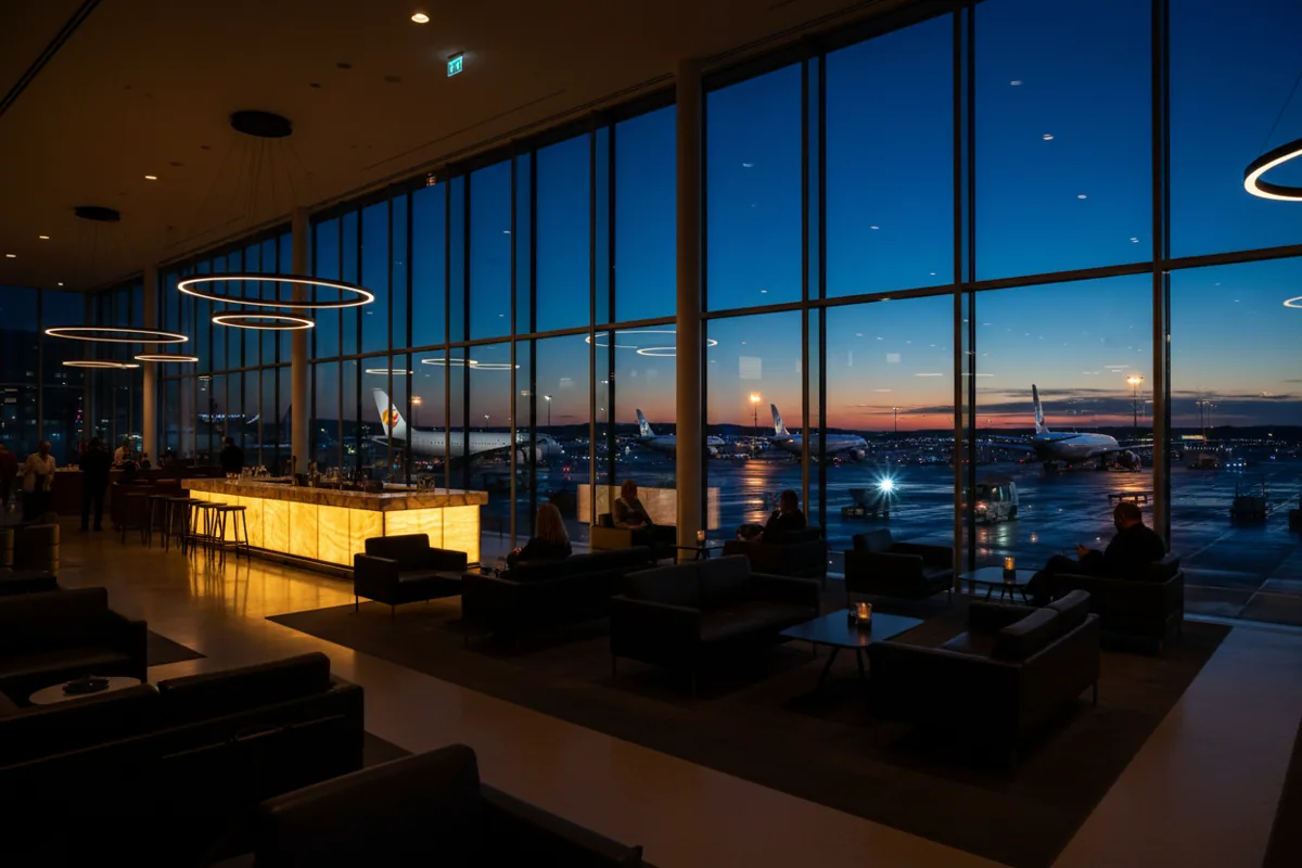 A modern airport lounge with large windows overlooking the airfield at dusk.