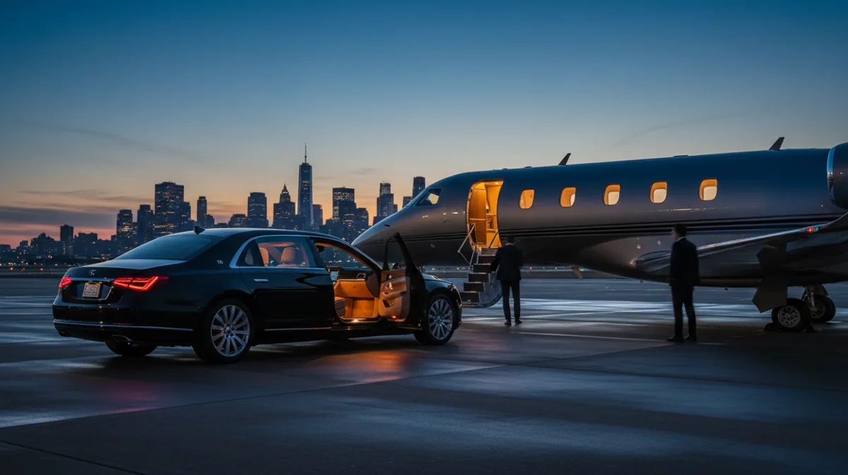 A black car waiting for a passenger by a private jet on the tarmac at night.
