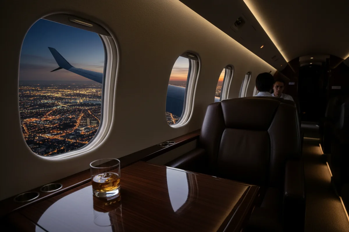 View from a private jet window at night, showing the wing over a city and a drink on a table.