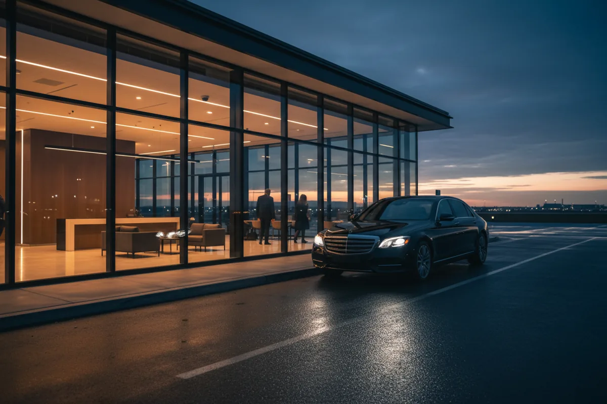 A luxury sedan arriving at a modern private airport terminal at dusk.