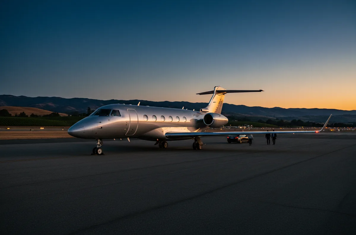 A private jet on an airport tarmac in Santa Rosa with rolling hills in the background at sunset.