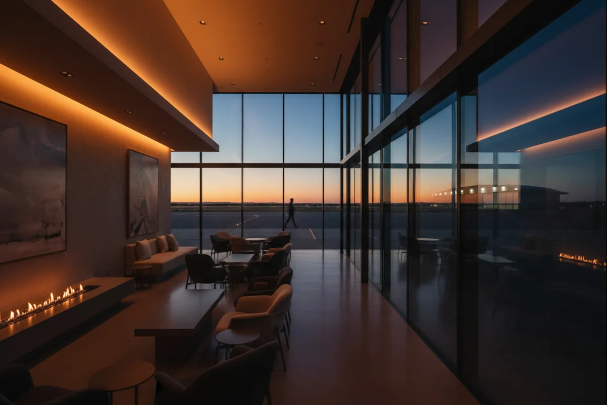 A modern private airport lounge with large windows overlooking a tarmac at twilight.