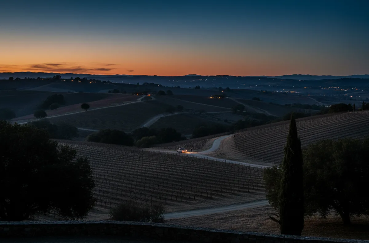 Rows of grapevines on rolling hills in Sonoma County at dusk under a dark blue sky.