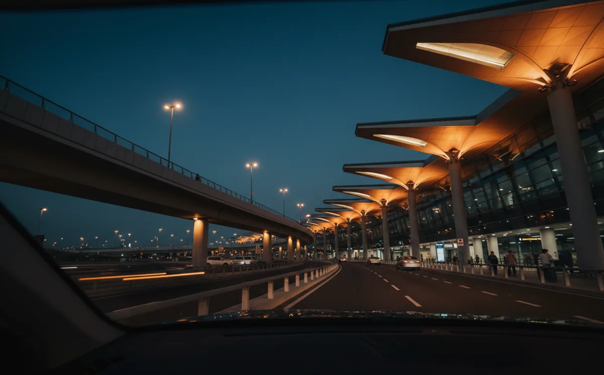 View from a car approaching the glowing entrance of an airport terminal at night.