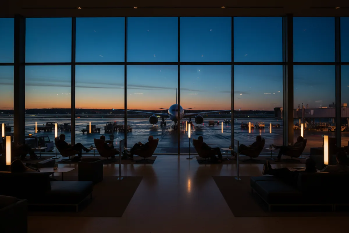 A spacious airport lounge with large windows overlooking the tarmac at dusk.