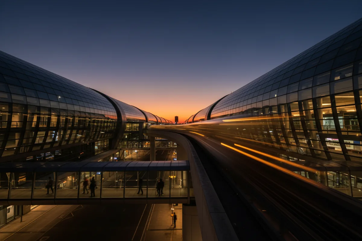 An airport transit train moves on an elevated track between terminals at twilight.