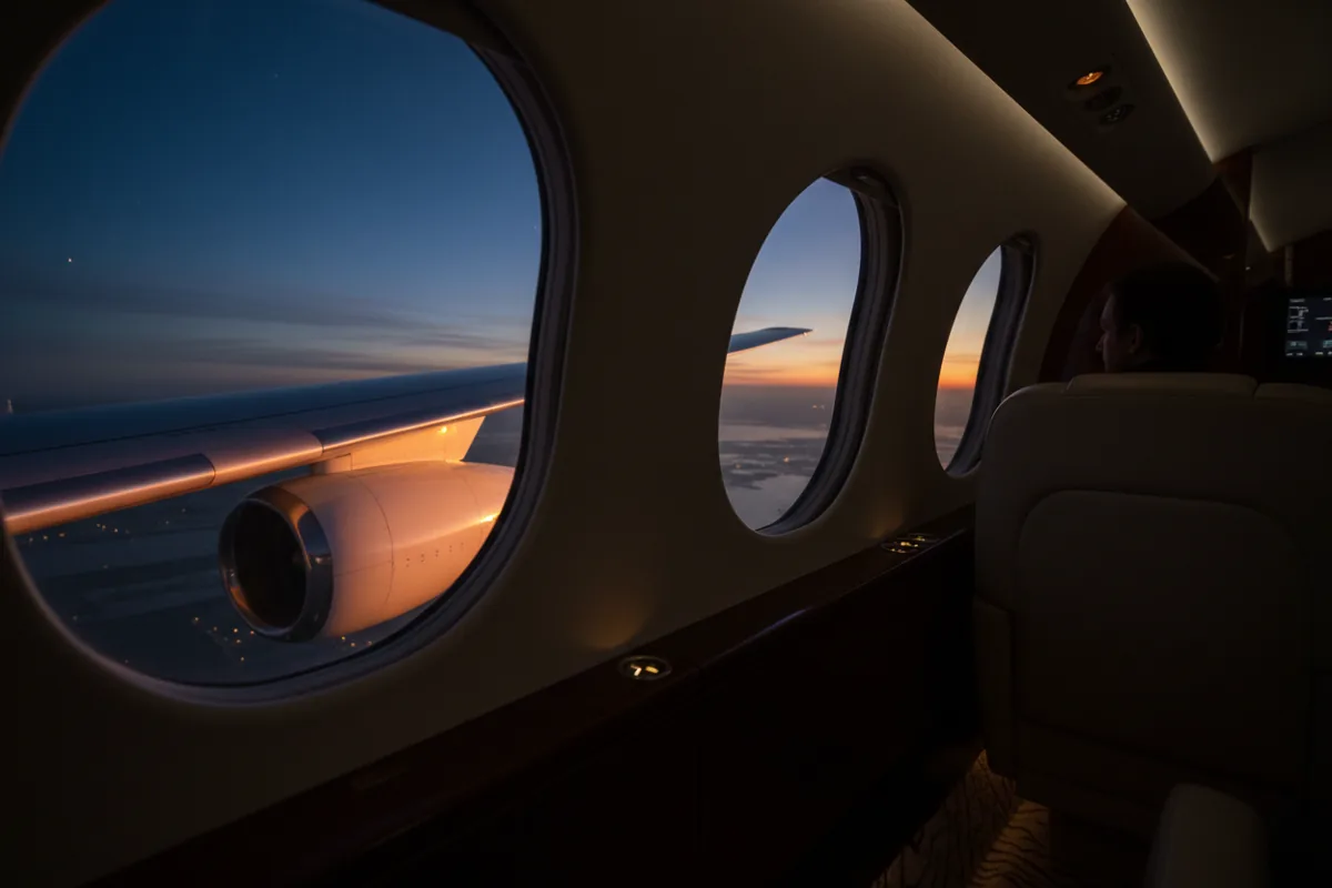 View from a private jet window at dusk, showing the wing and a silhouetted passenger in a luxury cabin.