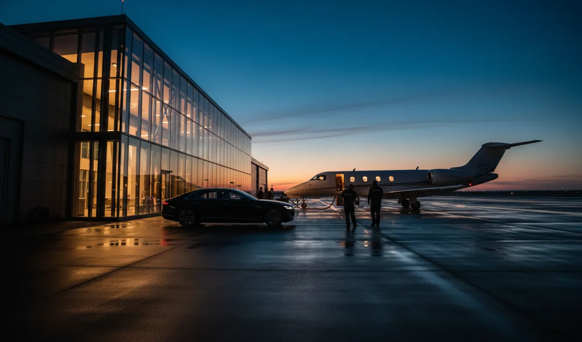 A modern private airport terminal at dusk with a luxury car and a private jet on the tarmac.