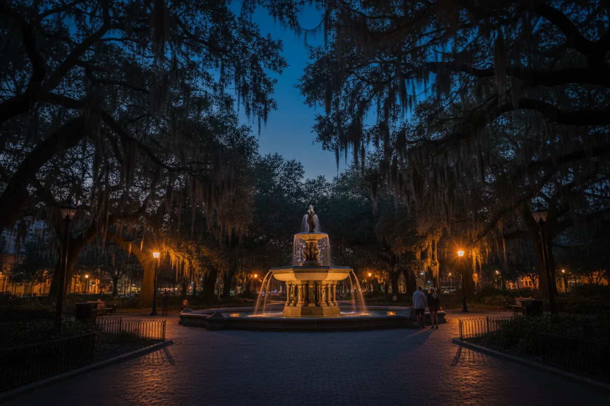 The illuminated fountain in Forsyth Park, Savannah, surrounded by oak trees and Spanish moss at twilight.