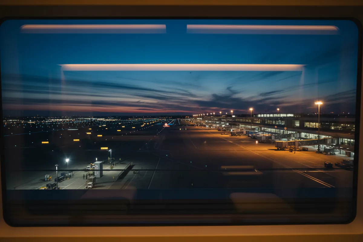 An airport airfield with glowing lights viewed from an elevated train at dusk.