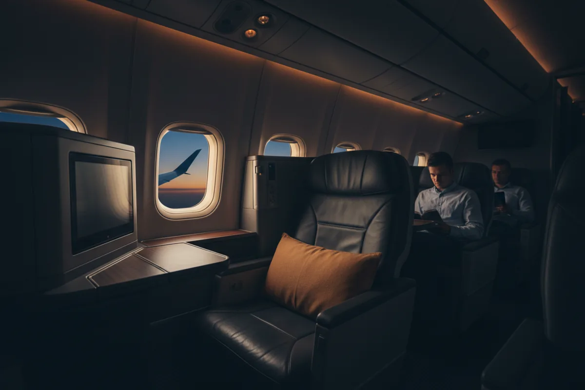An empty premium seat in a modern airplane cabin with a view of the wing at twilight.