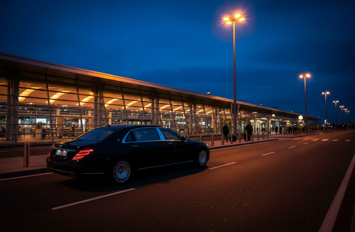 A black car arriving at an airport departures terminal curb at night.