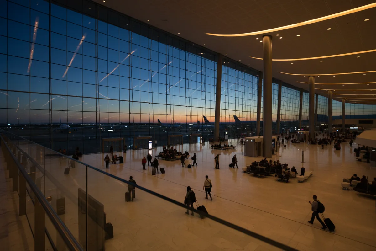 A modern, spacious airport terminal interior with large windows at dusk.