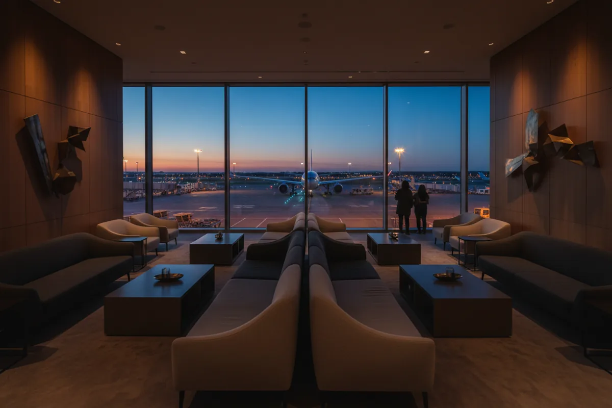 A quiet, modern airport lounge with a view of the tarmac at night.