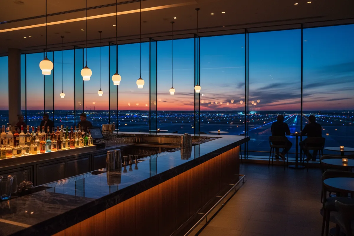An upscale bar inside an airport with a view of the runway lights at night.