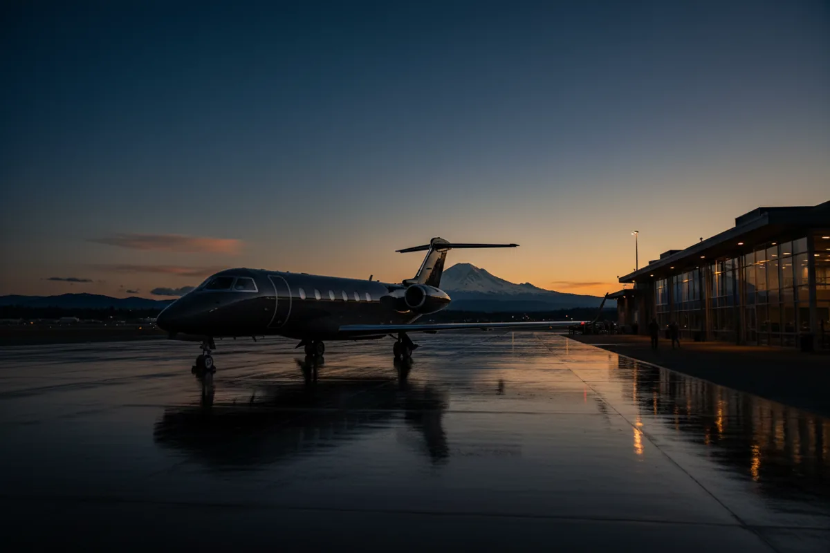 A private jet on the tarmac with Mount Rainier visible in the distance under a clear sky.