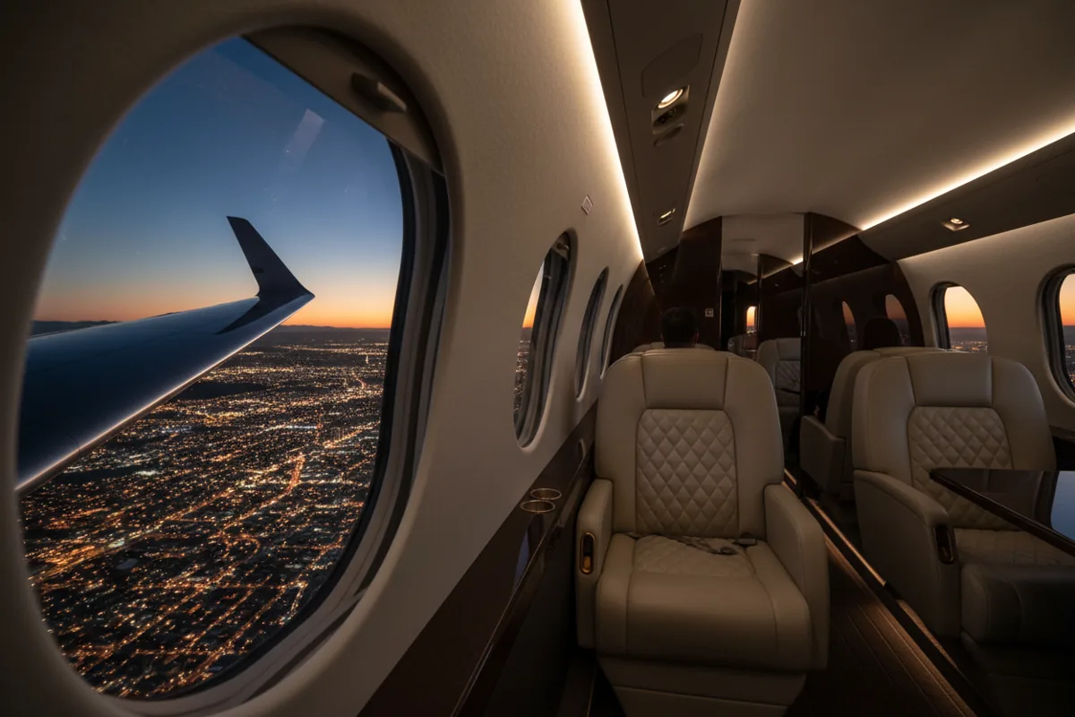 The interior of a luxury private jet cabin, looking out the window at a city at night.