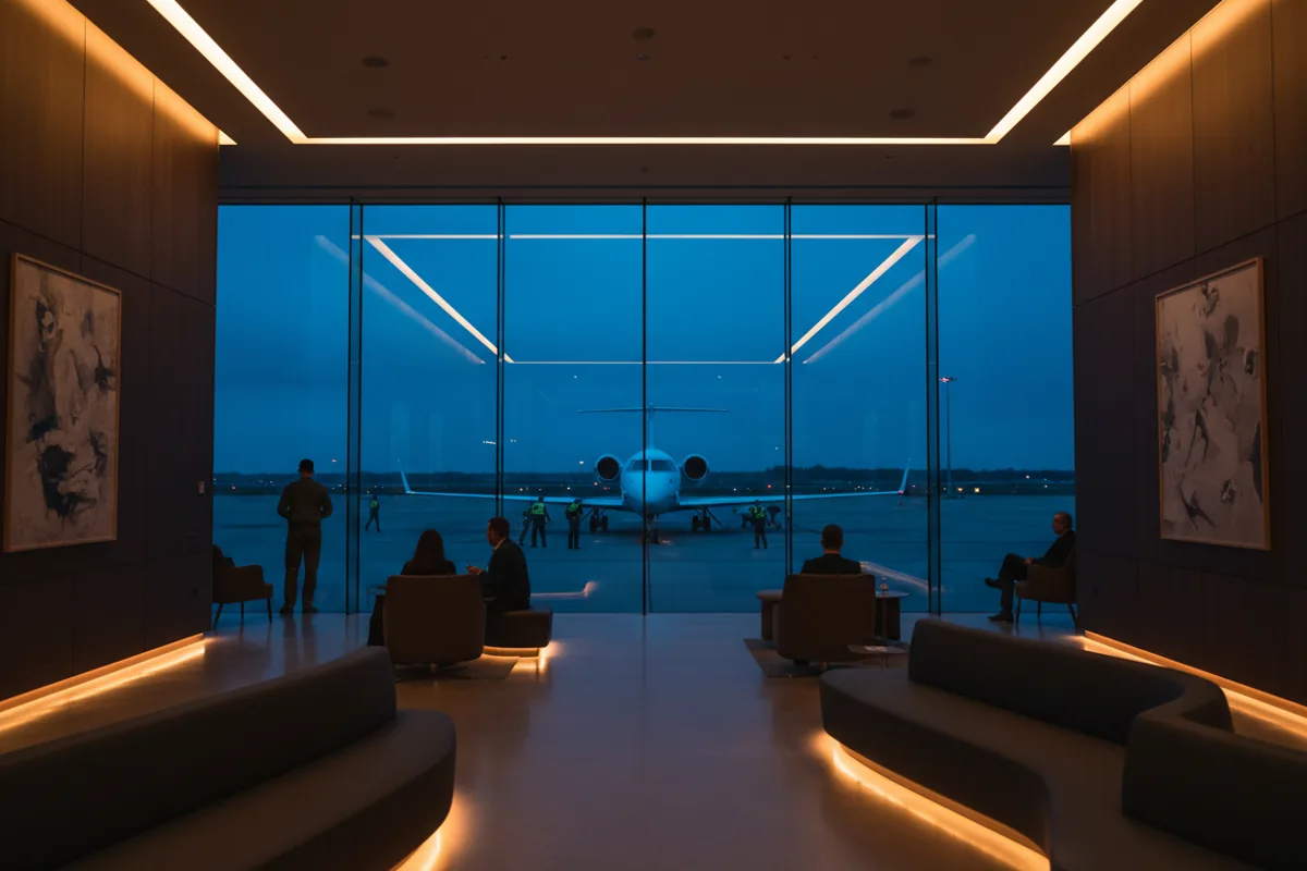 A modern, empty private airport lounge with a view of a jet on the tarmac at dusk.