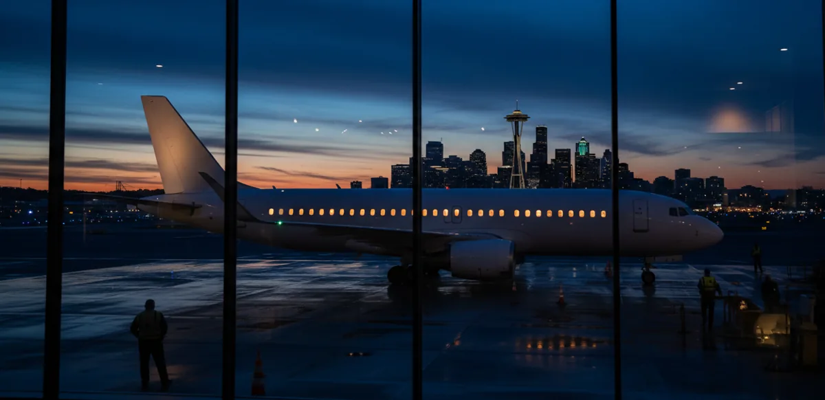 A passenger jet at a Seattle airport gate at dusk, with the city skyline in the background.
