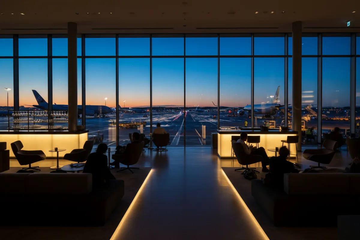 A modern, quiet airport lounge with large windows overlooking the tarmac at dusk.