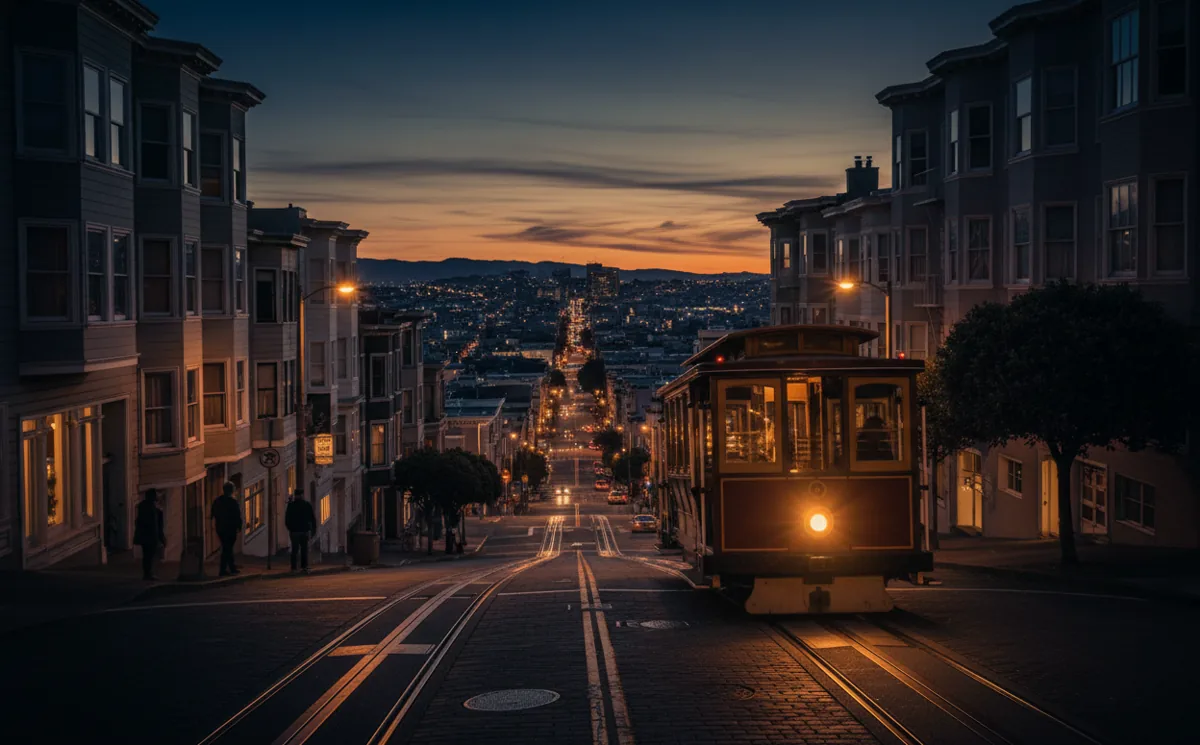 A San Francisco cable car climbing a hill at dusk, with city lights glowing in the background.