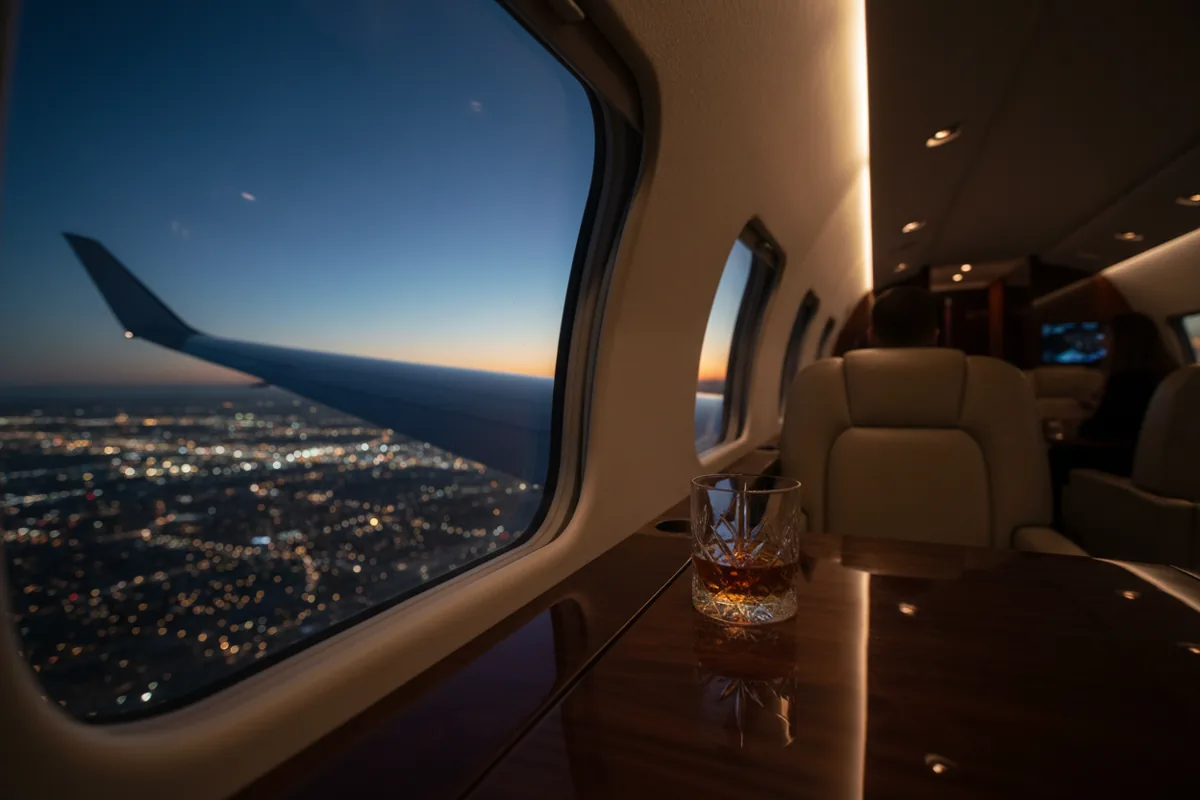 View from a private jet window at twilight, showing the wing and a glass on a table.