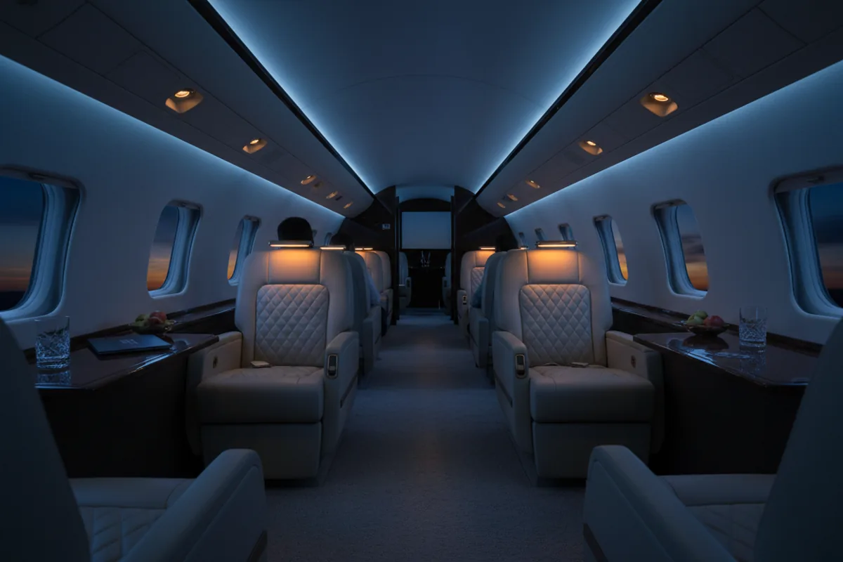The luxurious interior of a private jet cabin with a few passengers seated in comfortable leather chairs.