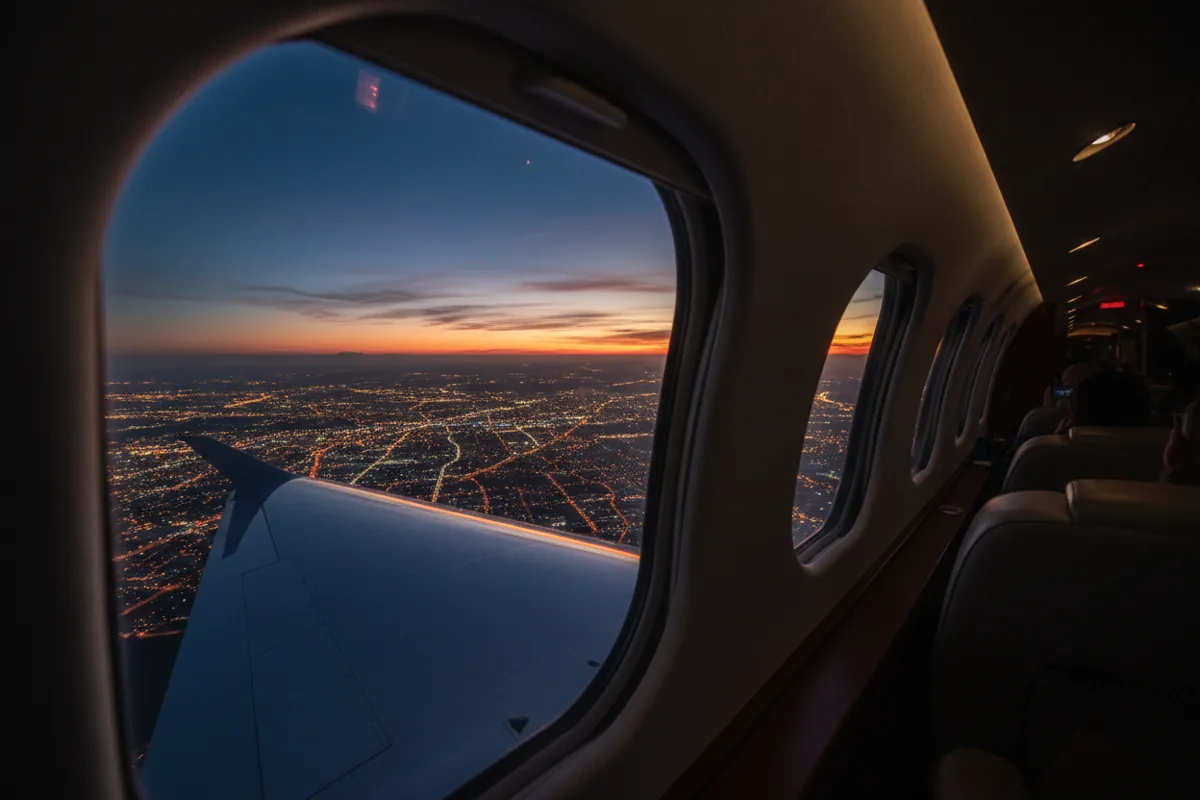 The wing of a jet against a twilight sky, flying over a grid of glowing city lights at night.