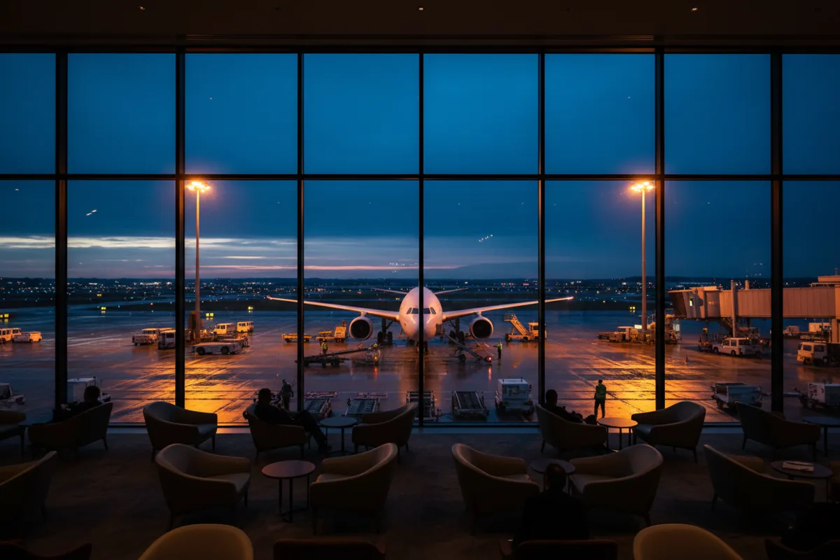 A large passenger jet on the tarmac at dusk, viewed from inside a modern airport terminal.