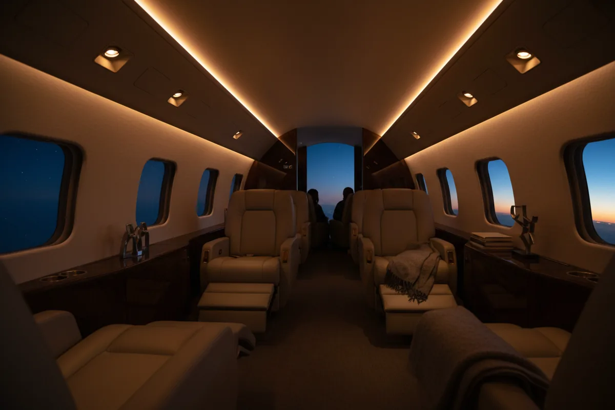 The luxurious and empty interior of a private jet cabin at night, with warm ambient lighting.