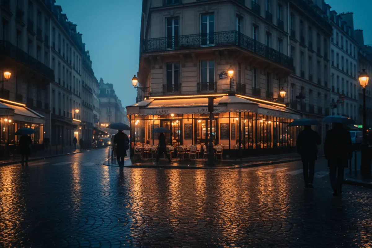A rain-slicked Parisian street corner at dusk, with a warmly lit café and glowing streetlights.