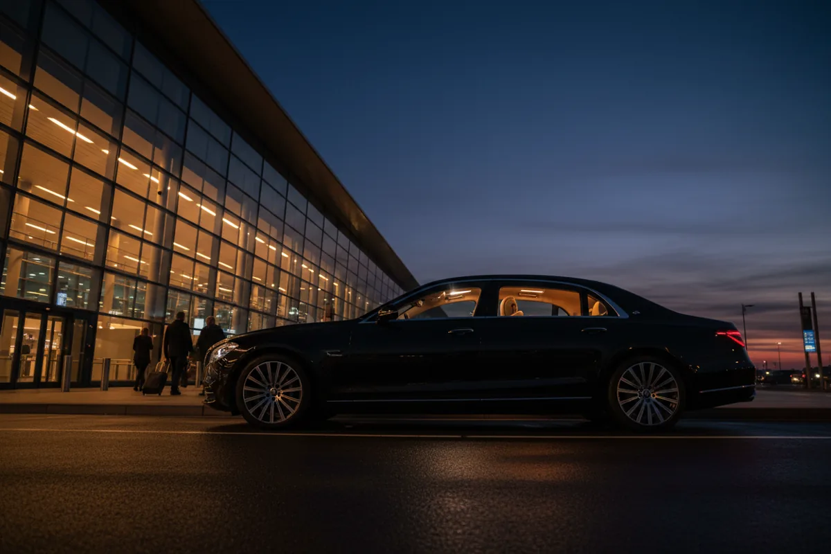 A black luxury sedan waits at an airport terminal curb at dusk.