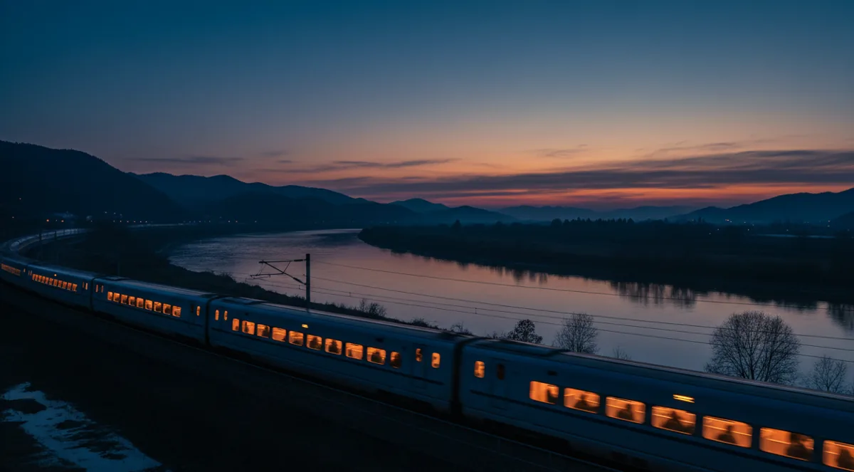 A passenger train with lit windows travels along a river at twilight.