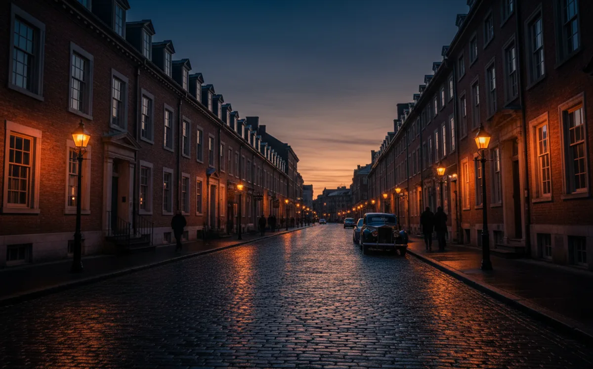 A historic brick street in Kingston, NY at dusk with glowing windows and streetlights.