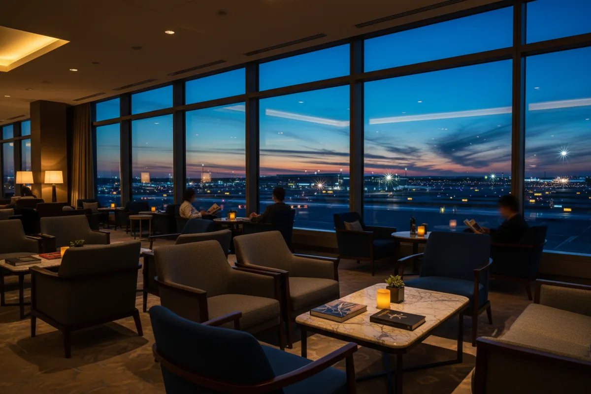 A quiet, luxurious airport lounge with comfortable seating overlooking the airfield at twilight.
