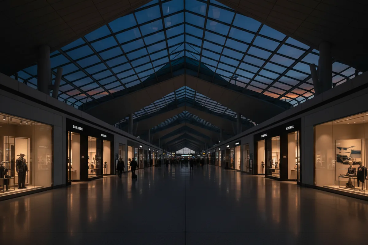 A wide, modern airport concourse with glowing storefronts and a few travelers at dusk.