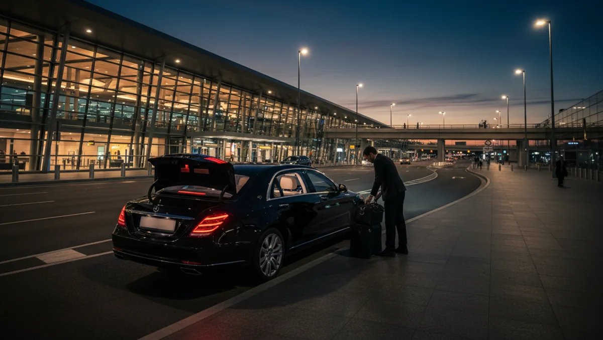 A black car dropping off a passenger at an airport terminal entrance in the evening.