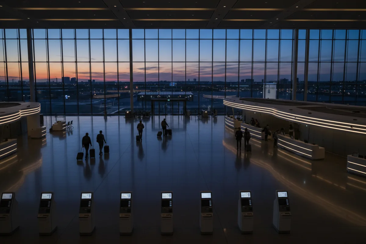 Expansive view of a modern airport check-in hall with a few travelers at dusk.