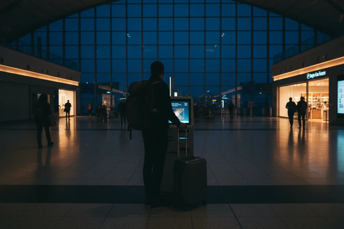 A traveler uses a self-service check-in kiosk inside a dimly lit airport terminal.