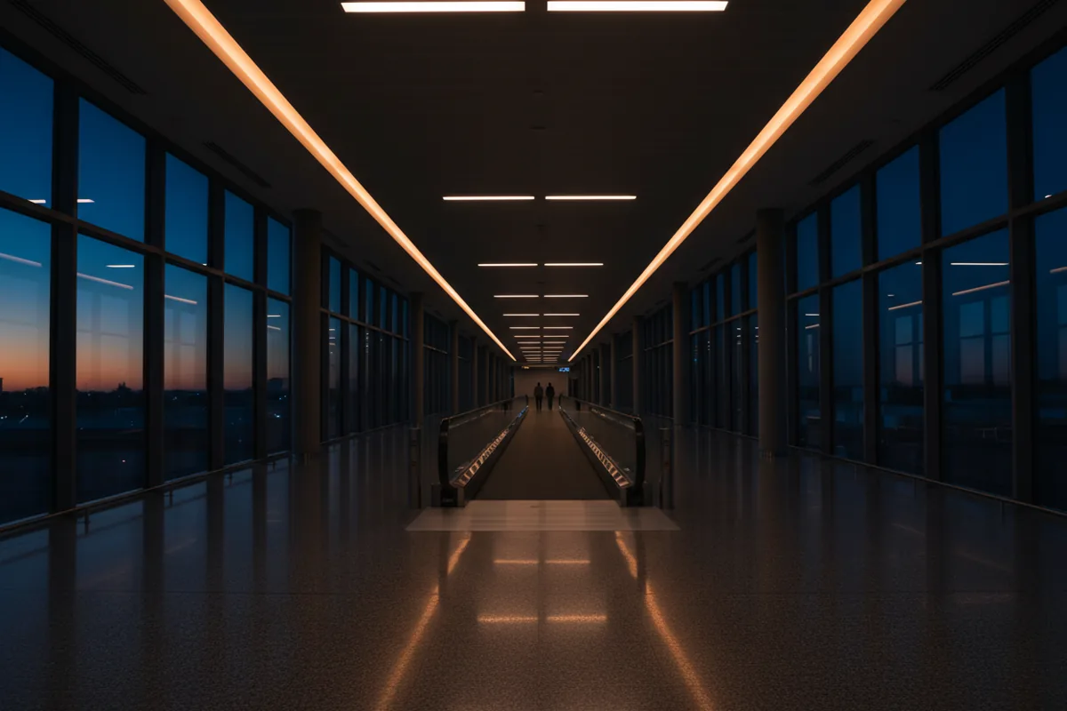 A quiet airport concourse with a moving walkway and large windows at night.