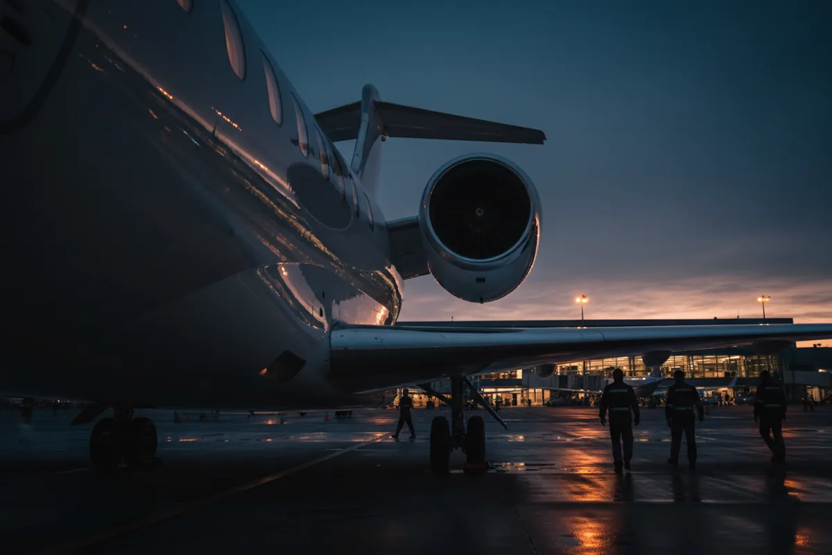 Close-up of a private jet engine and wing at dusk on an airport tarmac.