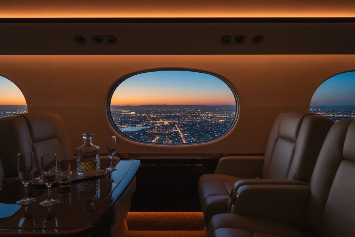 View from a private jet window showing city lights at night, with a softly lit luxury cabin interior.