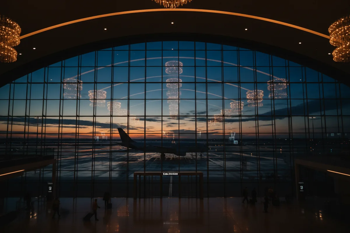 View from inside a modern airport concourse at dusk, looking out at an airplane on the tarmac.