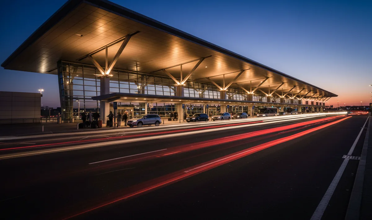 Car light trails on the roadway in front of a glowing, modern airport terminal entrance at night.