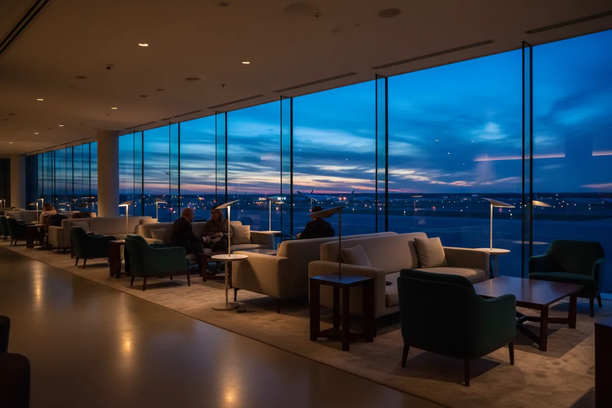 A stylish, warmly lit airport lounge with modern furniture and architectural details at night.